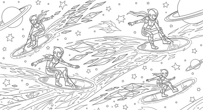 Crystal-powered comet surfers doodle art coloring page of futuristic figures riding glowing comets with trails of geometric crystal patterns kids and adults