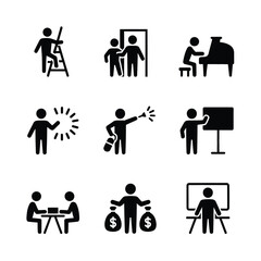 Black icon set representing different activities