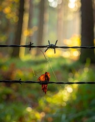 Autumnal scene through barbed wire