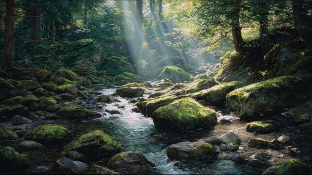 Sunlight streams through lush forest, over mossy rocks and a babbling brook