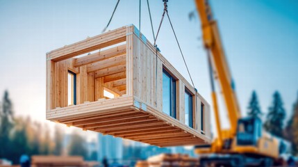 A wooden modular building being lifted by a construction crane on a sunny day.