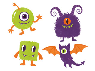 set of funny monsters, color, pencil, marker, crayon paint texture highlight. Pen, chalk hand drawn underline, mark