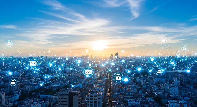 Digital network connections overlaying a city skyline at sunset, symbolizing global connectivity and data flow - Powered by Adobe