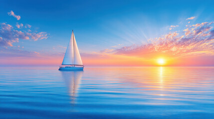 Obraz premium Sailing boat on calm sea with vibrant sunset and colorful sky creating peaceful and serene horizon view