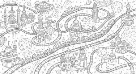 Naklejka premium Doodle art coloring page presenting a vast network of looping and spiraling train tracks connecting various space stations and moons