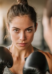 A determined female boxer with intense focus readies herself for a workout in the gym.