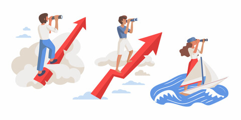 Diverse people looking into the future with spyglasses on rising arrows and a sailboat representing growth and opportunity