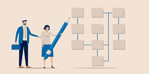 Business people collaboratively creating an organizational chart or flowchart with a giant pencil