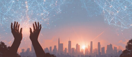 Silhouetted hands reaching towards a network graphic over a cityscape at dawn