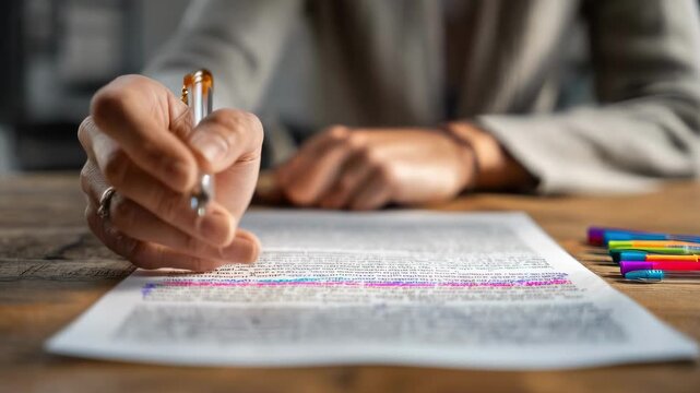 Medium shot focusing on a person annotating and revising a printed contract draft with colorful markers at a wooden desk.