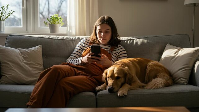Young woman sitting on couch with dog and using smartphone