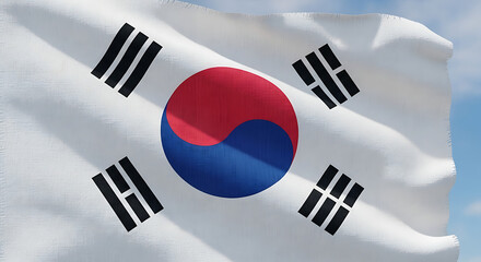 A photorealistic render showcases the national flag of south korea, featuring its vibrant colors and dynamic folds, symbolizing the countrys unity and progress with a sense of national pride