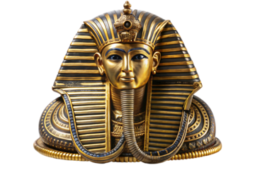 Golden Bust of Tutankhamun with Nemes Headdress pharaoh cutout PNG isolated on a transparent background