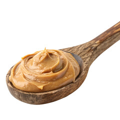 wooden spoon of peanut butter isolated