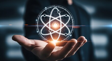 Futuristic atom symbol hologram glowing with light particles held in a persons open palm
