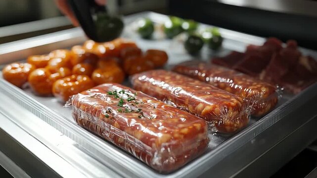 Culinary Delights: A close-up view of prepackaged food, showcasing a variety of beautifully prepared meats and produce, all ready to tempt taste buds.