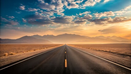 Naklejka premium A long, empty highway stretches towards distant mountains under a dramatic sunset sky with scattered clouds.