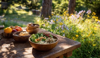 Outdoor meal on a wooden table in a garden