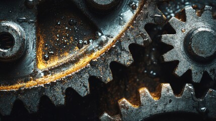 Close-up view of interlocking metal gears with intricate details, showcasing rust and wear, highlighting the mechanical beauty and complexity of machinery in industrial settings