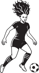 Female soccer player dribbling football with wavy hair sports graphic vector illustration