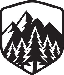 Obraz premium Hand drawn lake and mountain vector landscape with pine trees, black and white outdoor illustration