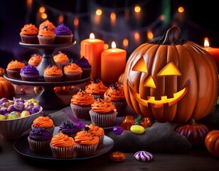 A festive dessert table for Halloween featuring Jack-O'-Lantern cupcakes  Candy and a Candle That Glows