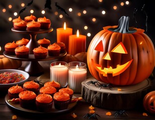 A festive dessert table for Halloween featuring Jack-O'-Lantern cupcakes  Candy and a Candle That Glows