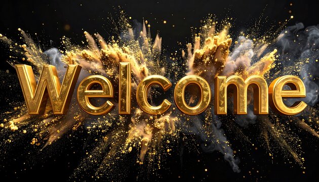 Gold "Welcome" text exploding with powder