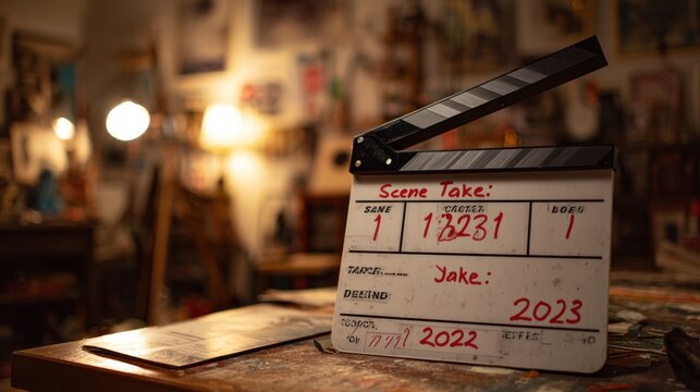 Clapperboard on artist's studio table
