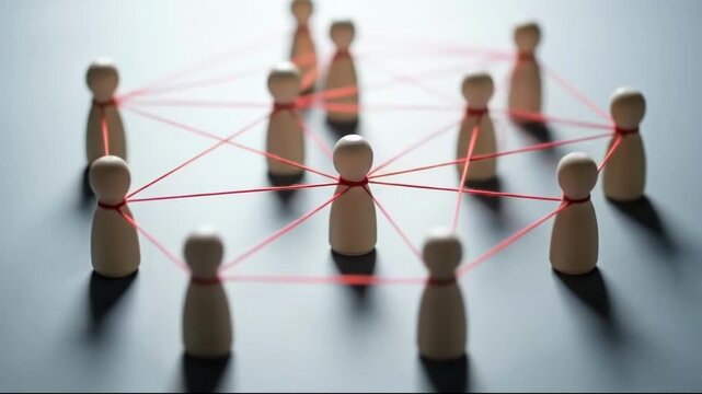 Wooden peg figures connected by red string, symbolizing network, connection, and community