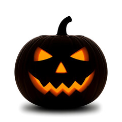 Fototapeta premium Jackolantern with a scary face, glowing orange eyes and mouth, isolated on white background