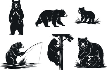 Black bear vector illustration set, wild animal silhouette collection featuring standing bear, walking bear, fishing bear, climbing bear, mother bear with cubs design © LITON