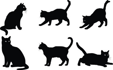 Black cat silhouettes in various poses, feline vector illustration, animal body language, pet behavior art, isolated on white background