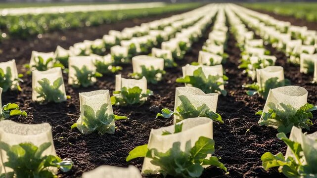 Medium shot of young plants thriving under cellulose wrap covers in a sunlit garden illustrating effective compostable growth protection solutions.