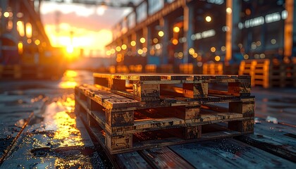 A weathered pallet sits in focus, illuminated by a setting sun and warehouse interior. Industrial scene with bokeh lights