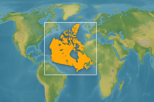 Canada highlighted on world map illustration, geographic location of Canadian territory, North America political cartography concept, national boundary visualization, global geography education backgr