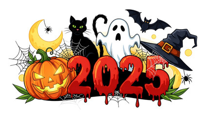 Happy Halloween 2025 Spooky Illustration with Pumpkin, Black Cat, Ghost, Bat, and Witch Hat