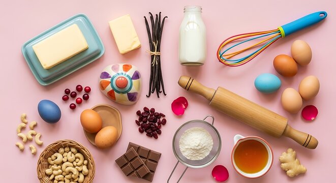 Baking Ingredients Still Life - Eggs, Flour, Vanilla, Butter, Chocolate on Pink Background.
