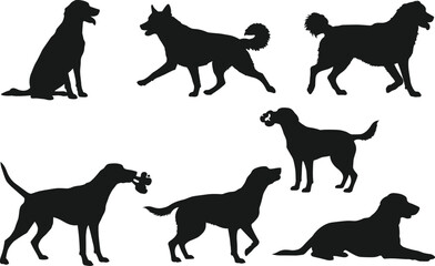 Dog silhouette vector, black dog poses, pet clipart, animal icon set, canine posture, walking dog, sitting dog, dog holding bone