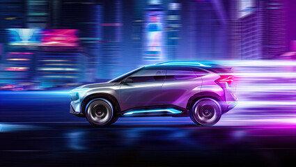 Obraz premium A futuristic SUV driving at high speed against the backdrop of a night city