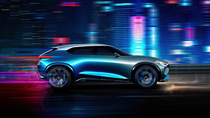 A futuristic SUV driving at high speed against the backdrop of a night city