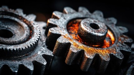 Close-up view of rusty metal gears interlocking with intricate details, showcasing the texture and wear, representing mechanical engineering and industrial design concepts
