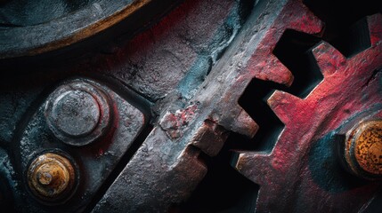 Close-up view of industrial machinery gears with rusted metal textures and bolts, showcasing intricate details and mechanical engineering in a dynamic composition