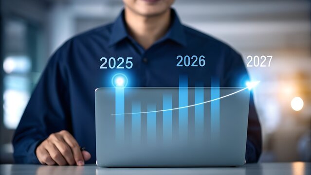 A businessman reviews a projected financial growth chart on a laptop, showing increasing trends from 2025 to 2027.