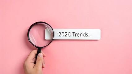 A hand holds a magnifying glass over a white search bar displaying "2026 Trends..." on a vibrant pink background.