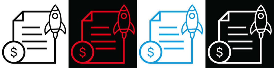 Start-up editable icon | Web icon with rocket, dollar, docs | Four colour model icon 