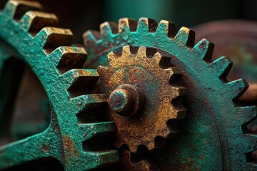 Close-up of rusty gears with intricate details showcasing the texture and aging process, highlighting mechanical engineering and industrial design elements in a vintage setting