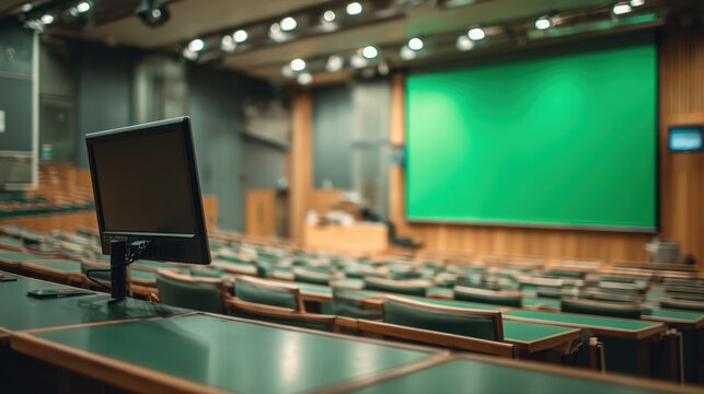 Empty auditorium with a green screen