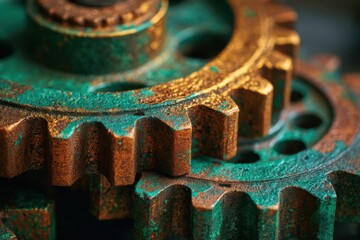 Close-up of rusted gears with intricate textures and vibrant green patina, showcasing the beauty of mechanical engineering and vintage machinery in a detailed composition