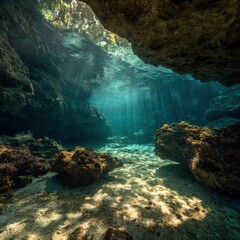 Sunlight streams into an underwater cave
